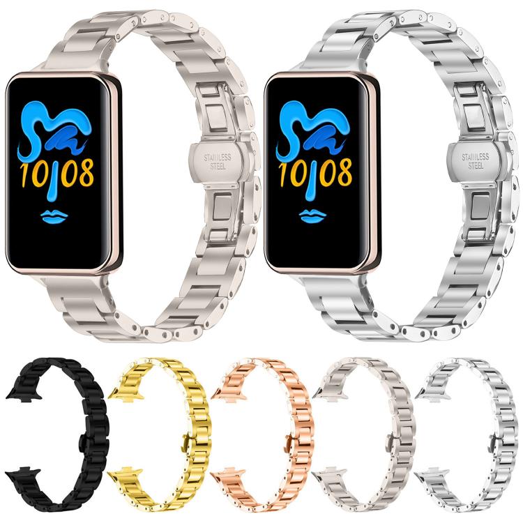 Stainless steel link watch bands shown in black, gold, rose gold, starlight, and silver