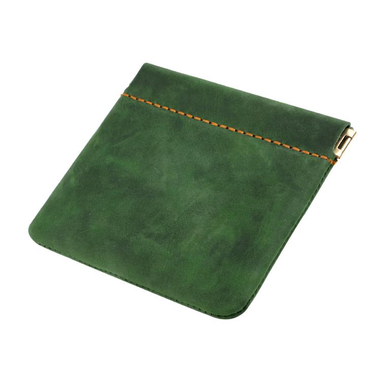Green leather coin purse with top zipper and contrast orange stitch trim