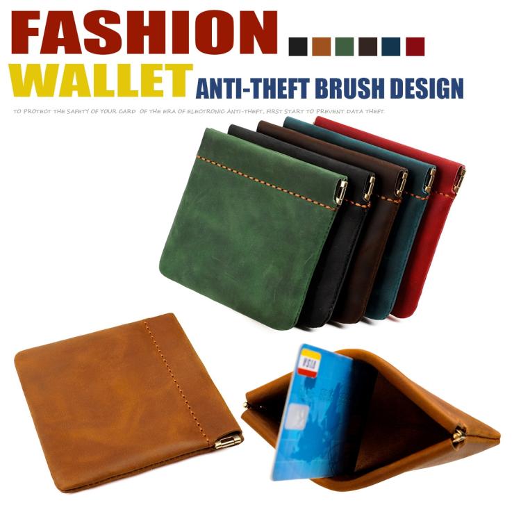 Leather coin purse set with clasp and orange stitching in green, brown, and dark colors