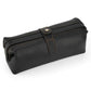 Black genuine leather large clutch bag with top flap and snap closure, side zipper opening.
