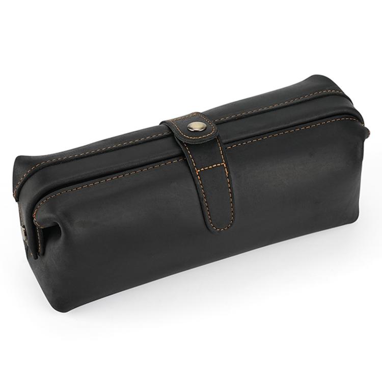 Black genuine leather large clutch bag with top flap and snap closure, side zipper opening.