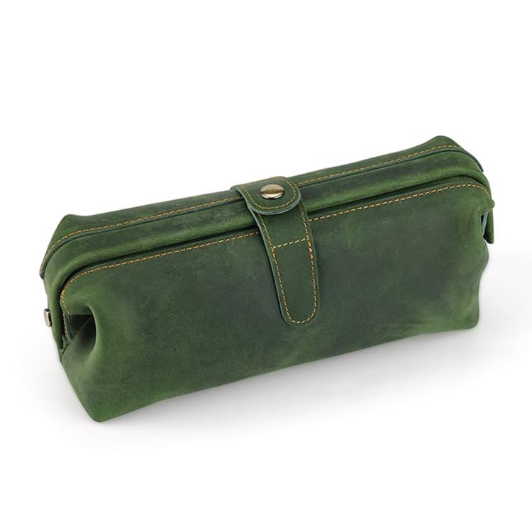 Green genuine leather large clutch bag with top flap and snap closure, contrast stitching.
