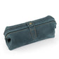 Blue genuine leather large clutch bag with top flap and snap closure, stitched trim.