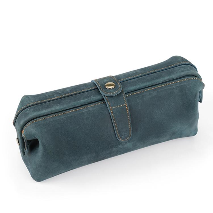 Blue genuine leather large clutch bag with top flap and snap closure, stitched trim.