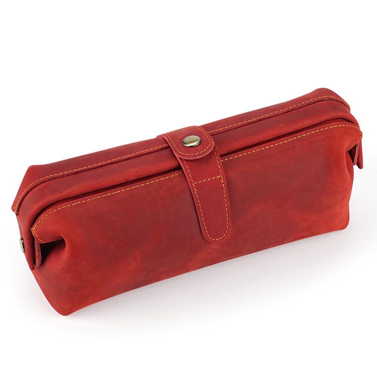 Red genuine leather large clutch bag with top flap and snap closure, double-stitched seams.