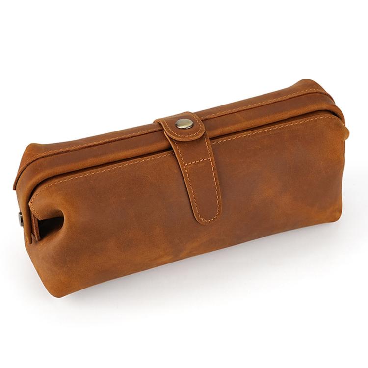 Brown genuine leather large clutch bag with top flap and snap closure, stitched design.