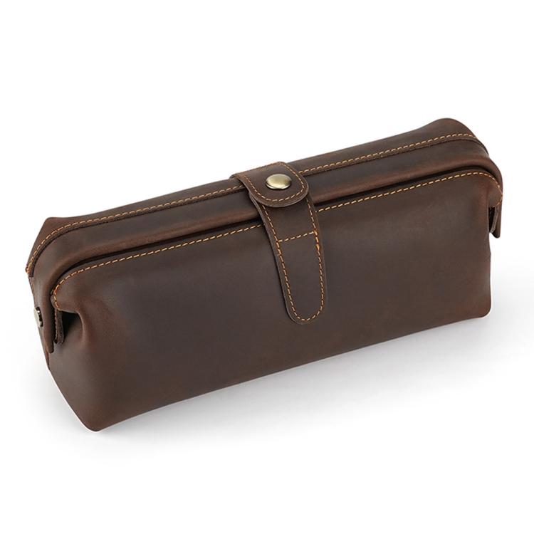 Dark brown genuine leather large clutch bag with top flap, snap closure, and side zipper.