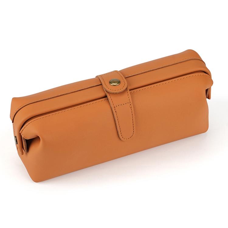 Tan/caramel genuine leather large clutch bag with top flap and snap closure, stitched edges.