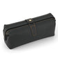 Black genuine leather large clutch bag with top flap and snap closure, visible seam stitching.