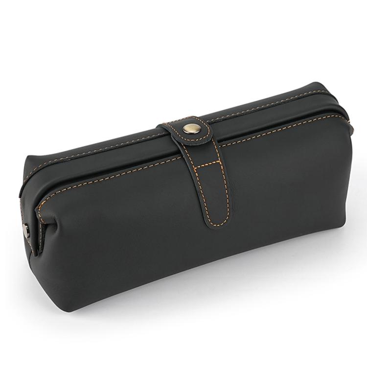 Black genuine leather large clutch bag with top flap and snap closure, visible seam stitching.