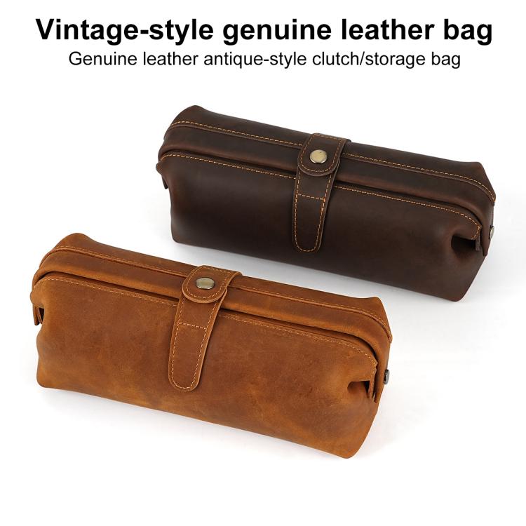 Two vintage-style genuine leather clutch bags: brown and tan, each with top flap snap.