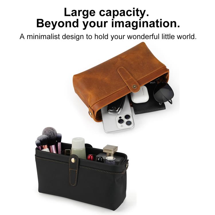 Brown leather cosmetic clutch bag with flap and wide opening, showing makeup inside