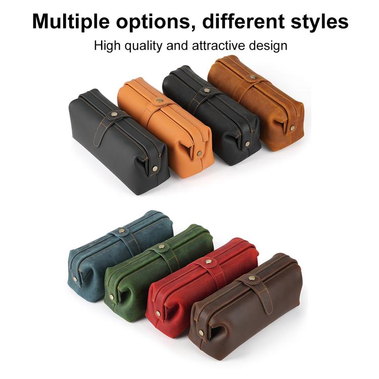 Leather cosmetic clutch bag set in black, orange, green, red, and brown with snap flap