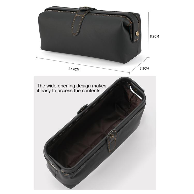 Black leather cosmetic clutch bag with wide zipper opening and interior lining