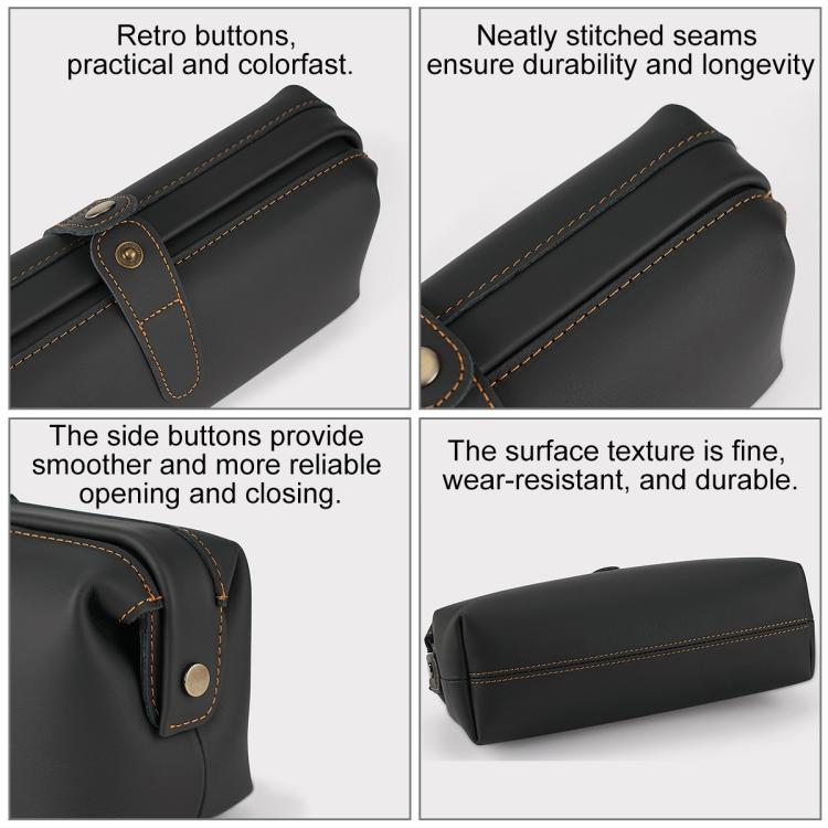 Black leather cosmetic clutch bag with contrast stitching and side snap button