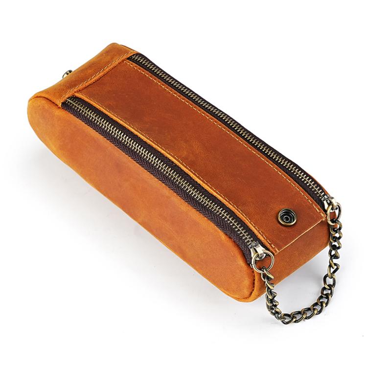 Brown genuine leather pen pouch with double zippers and chain strap, vintage style