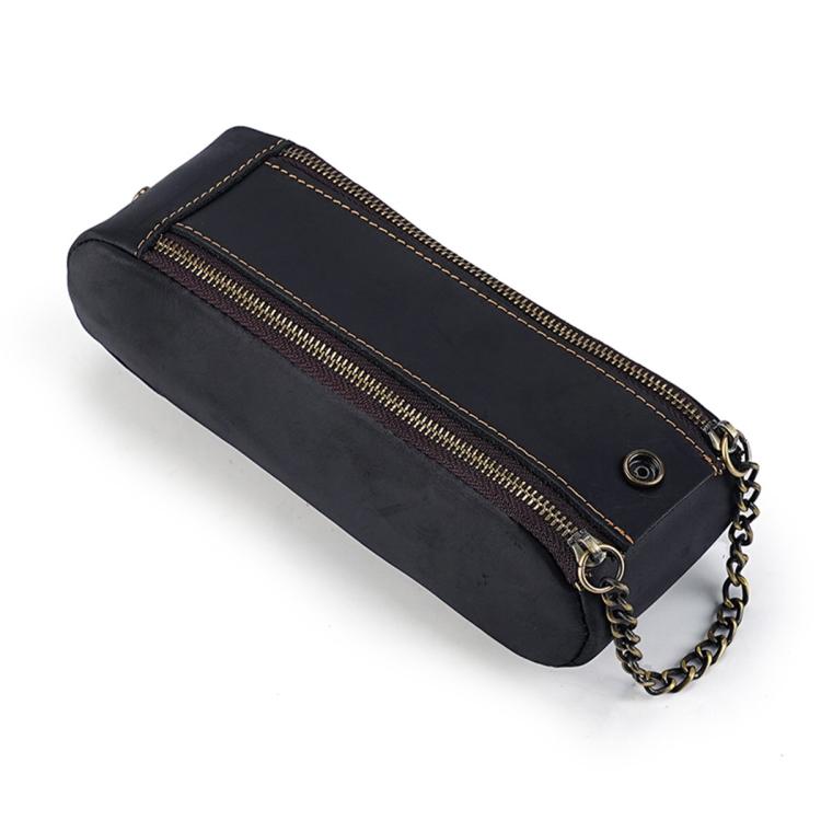 Black genuine leather pen pouch with double zippers and chain strap, vintage style