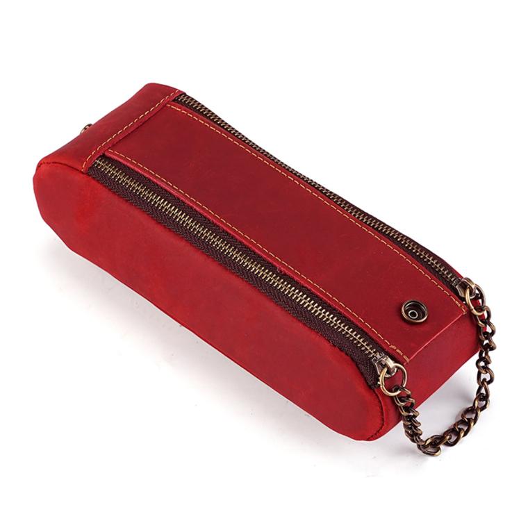 Red genuine leather pen pouch with double zippers and chain strap, vintage style