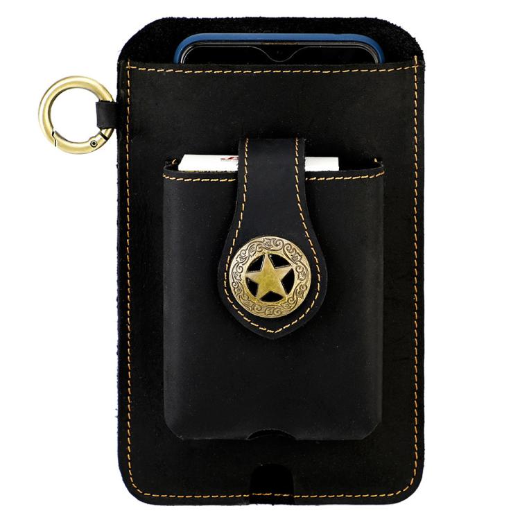 Black leather waist bag pouch with snap strap and round star emblem front pocket