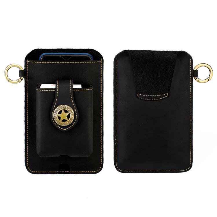 Black leather waist bag pouch, front and back view with star emblem and stitched flap