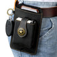 Black leather waist bag pouch on belt with phone slot, star emblem, and key fob ring