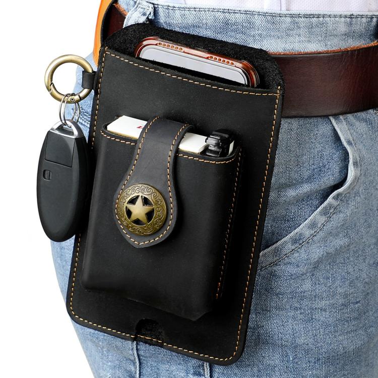 Black leather waist bag pouch on belt with phone slot, star emblem, and key fob ring