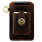 Brown leather waist bag pouch with snap pocket, star emblem, and stitched front panel