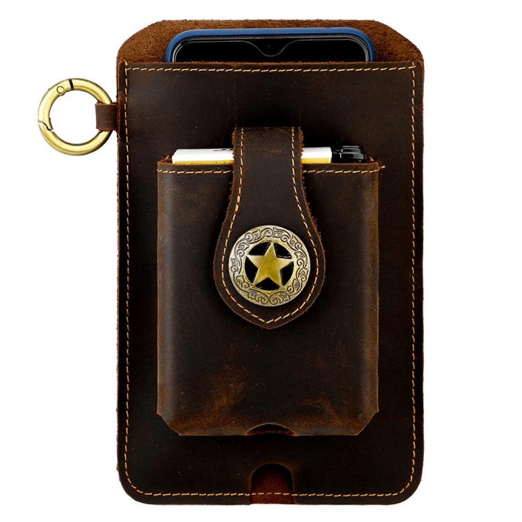Brown leather waist bag pouch with snap pocket, star emblem, and stitched front panel