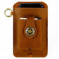 Brown leather waist bag pouch with star emblem, top phone opening, and front card slot