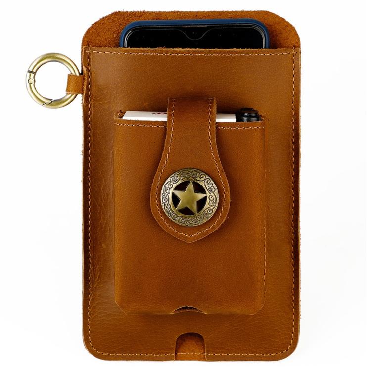 Brown leather waist bag pouch with star emblem, top phone opening, and front card slot