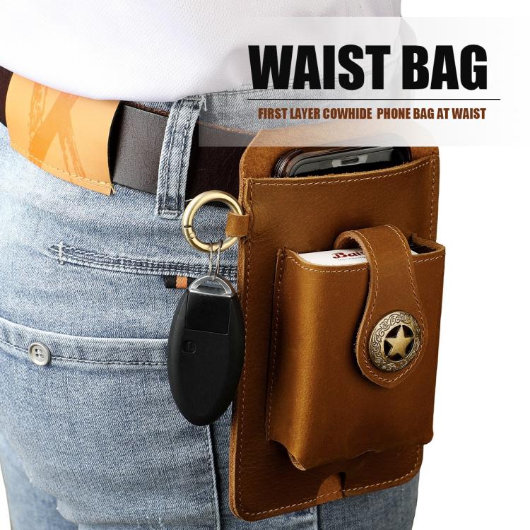 Brown leather waist bag on denim belt with key fob, phone slot, and star emblem patch