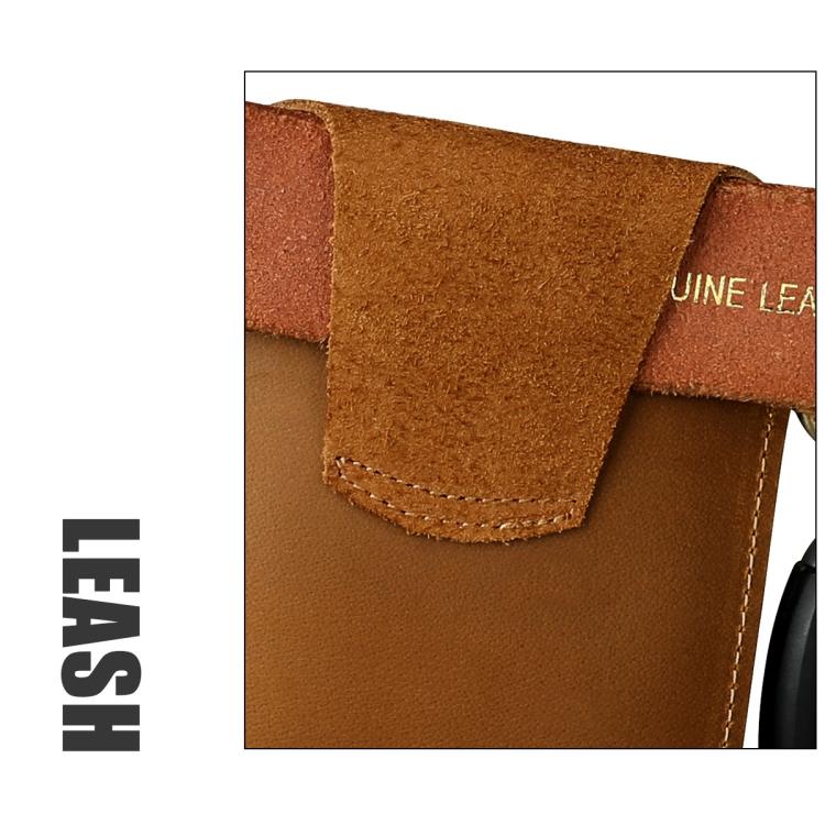 Brown leather front flap pocket with visible stitching and belt attachment