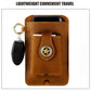 Brown leather waist bag pouch with star emblem, key ring, and phone pocket opening