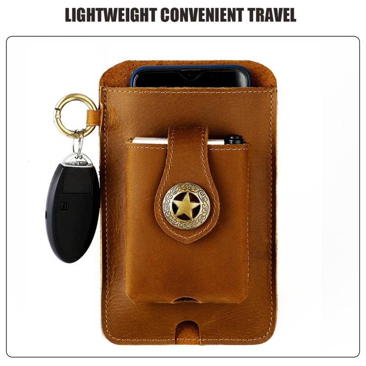 Brown leather waist bag pouch with star emblem, key ring, and phone pocket opening