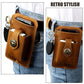 Brown leather waist bag worn on jeans with key fob and phone slot visible