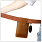 Brown leather waist bag with belt strap, snap pocket, and key fob on metal ring