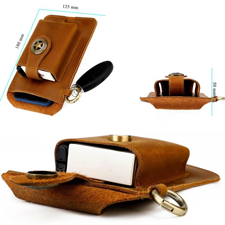 Brown genuine leather men’s waist bag with star snap, key ring, and phone pocket
