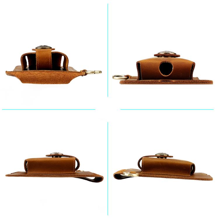 Brown leather waist pouch with metal clasp, key ring, and belt loop shown from angles