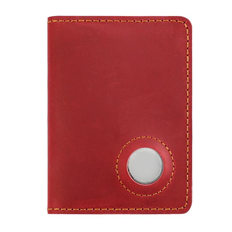 Vintage leather passport card holder in red with circular tracker slot and stitched edges