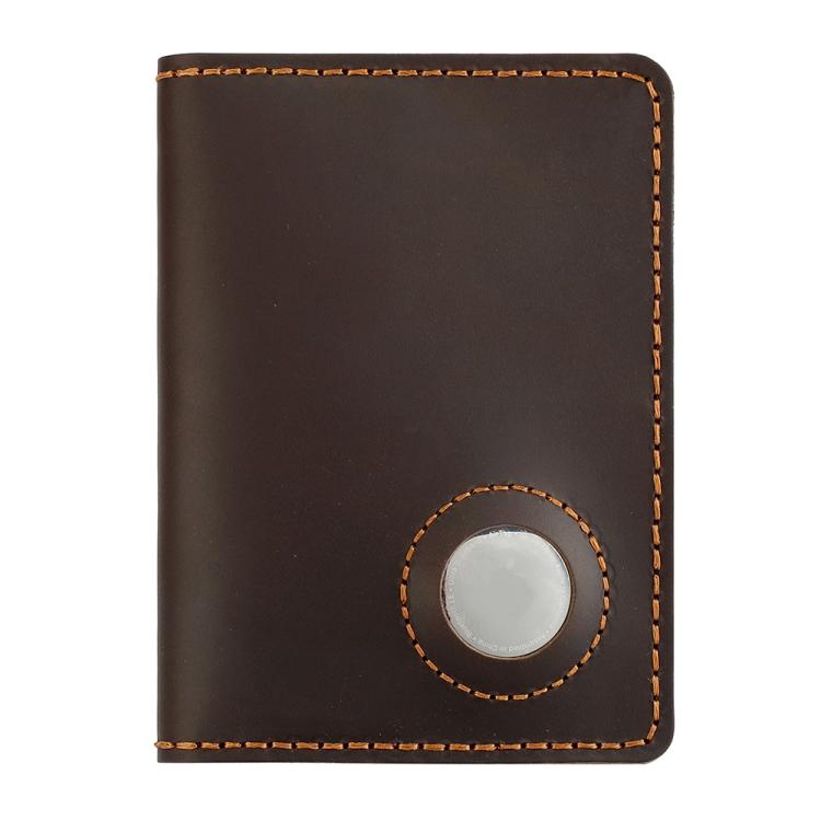 Vintage leather passport card holder in brown with circular tracker slot and contrast stitching