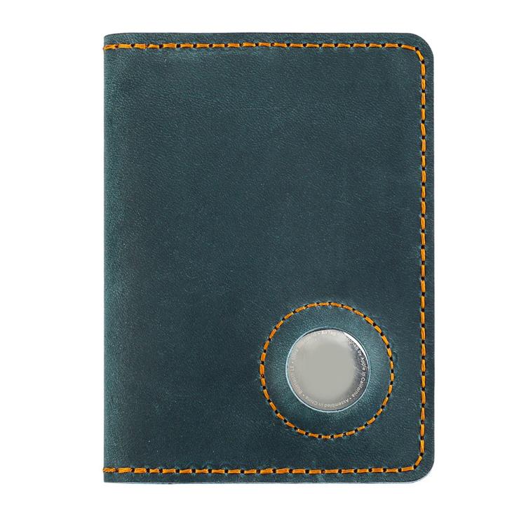 Vintage leather passport card holder in blue-green with circular tracker slot and orange stitching