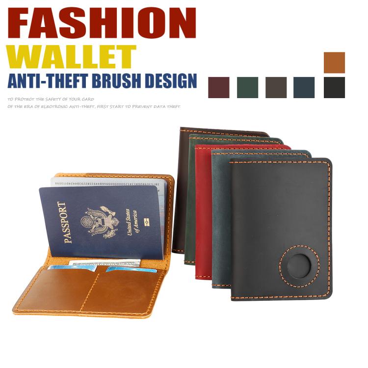 Vintage leather passport card holder set with circular tracker slot in multiple colors