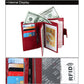 Red leather passport holder wallet with multiple card slots and folded cash inside