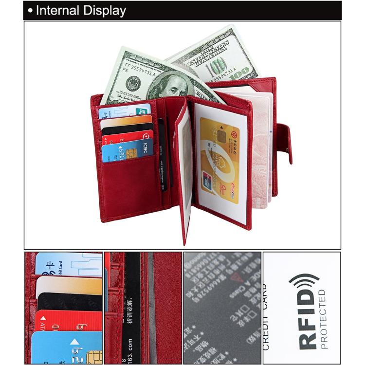 Red leather passport holder wallet with multiple card slots and folded cash inside
