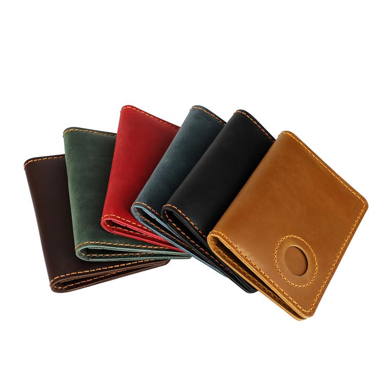 Leather passport card holders with circular tracker slot, assorted colors, stitched edges