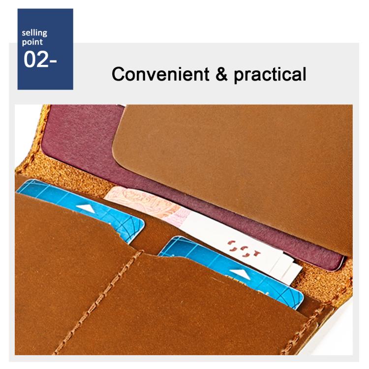 Tan leather passport holder with card slot panel and burgundy interior lining