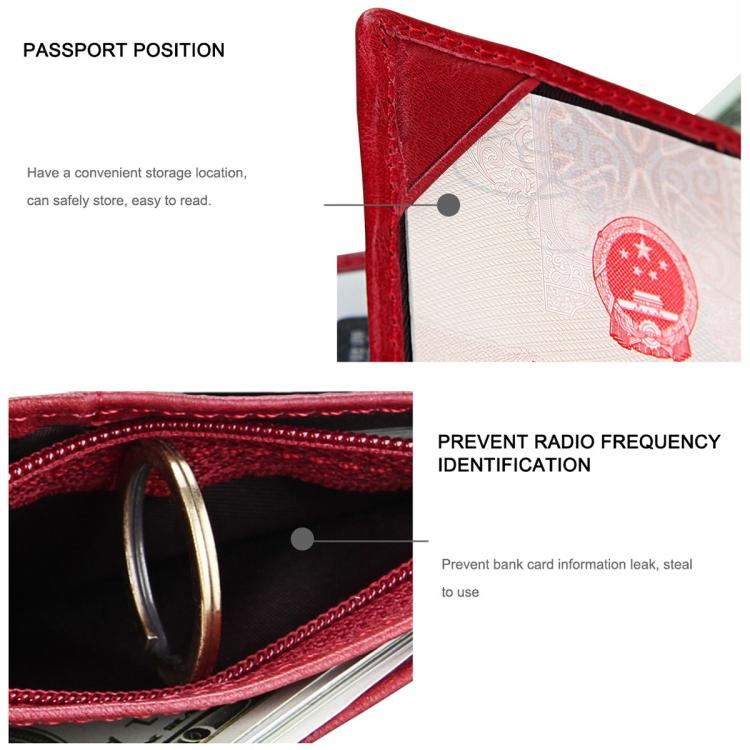 Red leather passport holder with zipper opening and passport document corner
