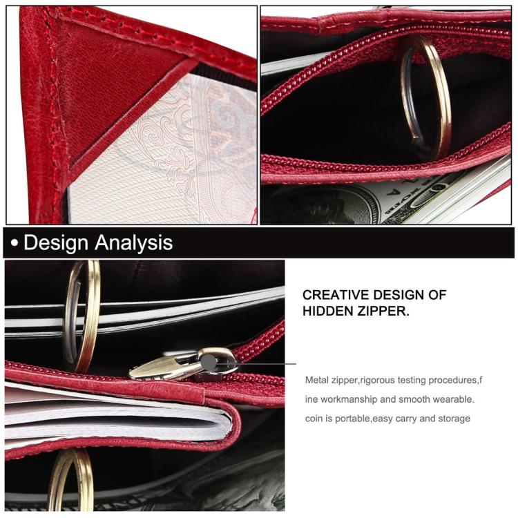 Red leather passport holder with metal zipper pull and inner pocket view