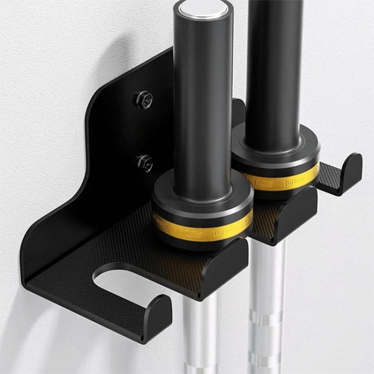 Black wall-mounted barbell storage stand with padded holders and metal uprights