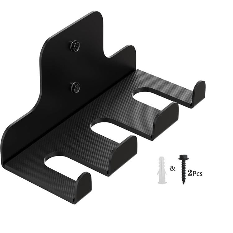 Black barbell wall rack with three padded cradle slots and mounting screws